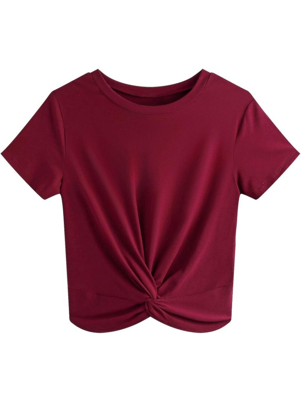 Women's T Shirt Wine Red Summer Causal Short Sleeve Blouse Round Neck Crop Top